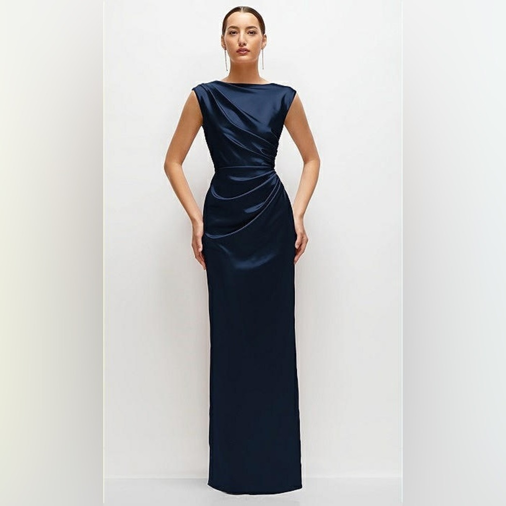 After Six Midnight Navy Satin Draped Maxi Gown